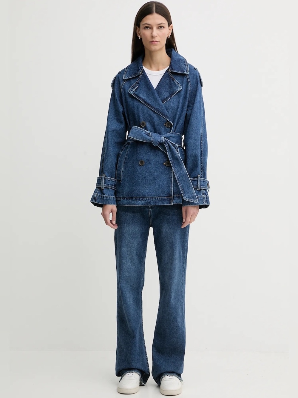 DKNY NWT S Denim Double Breasted Short Belted Trench Coat Jacket